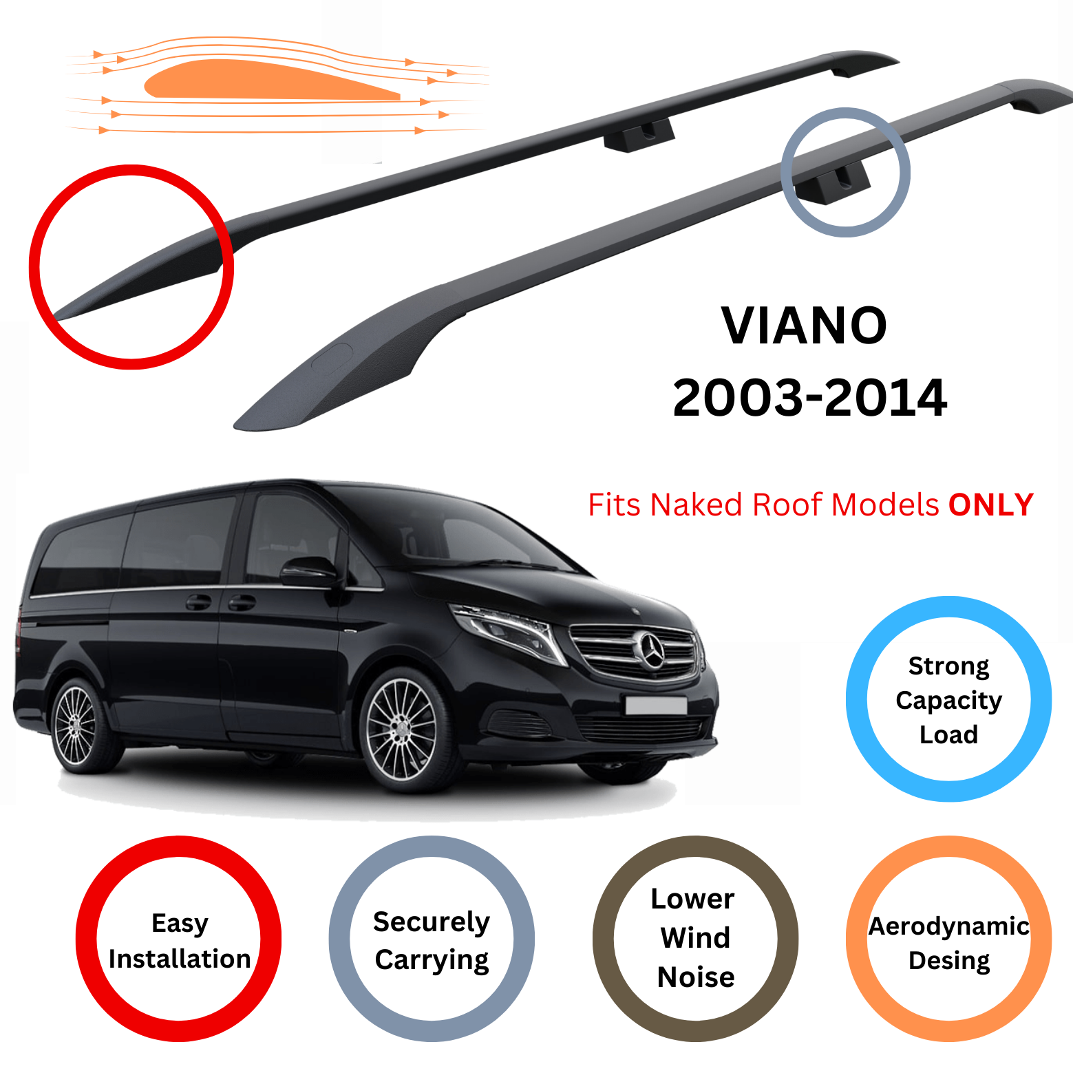 For Mercedes Viano 2003-14 Roof Side Rails Ultimate Style Alu Black For Mercedes Viano 2003-14 Roof Side Rails Ultimate Style Alu Black